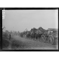 Feuillères (Somme). Caissons d'artillerie se rendant en 1ère ligne pour ravitailler les batteries pendant l'attaque du 25 septembre 1916. [légende d'origine]
