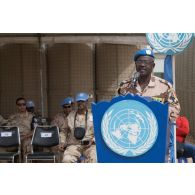 Discours d'un officier tchadien de la MINUSMA (mission multidimensionnelle intégrée des Nations Unies pour la stabilisation au Mali), lors d'une cérémonie sur la PFDR (plateforme désert relai) de Kidal.