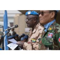 Discours d'un officier tchadien de la MINUSMA (mission multidimensionnelle intégrée des Nations Unies pour la stabilisation au Mali), lors d'une cérémonie sur la PFDR (plateforme désert relai) de Kidal.