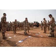 Des chefs de section du 7e bataillon de chasseurs alpins (BCA) et du 2e régiment étranger de génie (REG) répètent les différentes phases de l'opération à venir lors d'une briefing à Gossi, au Mali.