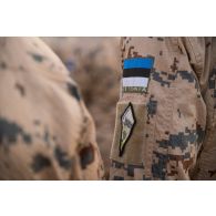 Insigne d'épaule du groupement tactique Belleface sur le treillis d'un soldat estonien du bataillon scout à Gao, au Mali.