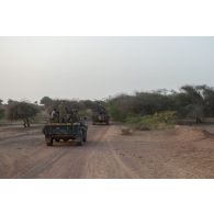 Des soldats maliens patrouillent à bord de leurs picks-ups sur la route d'Andéramboukane, au Mali.