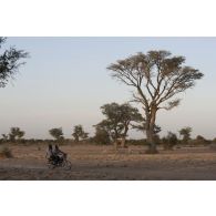 Des habitants évoluent à moto sur la route reliant Markala à Niono, au Mali.