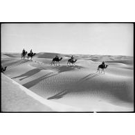 279. Des méharistes d'une compagnie des oasis sahariennes patrouillent dans le désert.