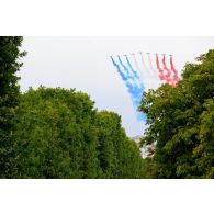 Défilé aérien de la Patrouille de France en ouverture de la cérémonie du 14 juillet 2020 au-dessus des Champs-Elysées.