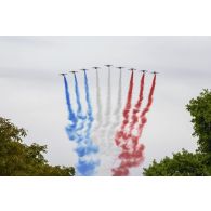 Défilé aérien d'ouverture de la Patrouille de France au-dessus des Champs-Elysées lors de la cérémonie du 14 juillet 2020.