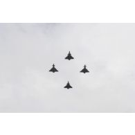 Défilé aérien de deux avions de combat Rafale de l'escadron de chasse (EC) 3/30 Lorraine et de deux Typhoon de la Royal air Force lors de la cérémonie du 14 juillet 2020.