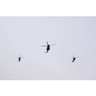 Défilé aérien d'un hélicoptère Panther de la flottille 36F, d'un Caïman Marine de la flottille 33F et d'un Dauphin de la flottille 35F lors de la cérémonie du 14 juillet 2020.