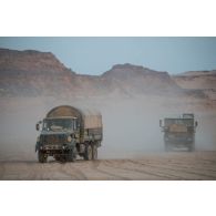 Un camion GBC-180 et un camion lourd de dépannage (CLD) progressent en colonne sur l'axe Berliet, au Niger.