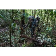 Des soldats du 7e bataillon de chasseurs alpins (BCA) progressent en forêt à Maripasoula, en Guyane française.