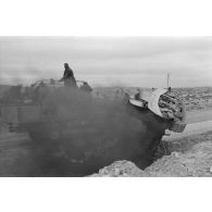 Un char Stuart M3, renversé, brûle au bord d'une route, des soldats allemands s'arrêtent pour l'examiner.