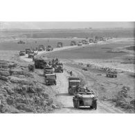 Une longue colonne de véhicules américains de prise mélangés à des matériels allemands de la 10-Pz.Div.