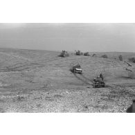 Une unité de chars manoeuvre dans une plaine puis, formée en colonne, passe une crête.