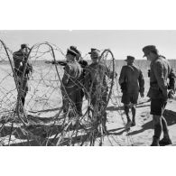 Le général (Generalleutnant) Erwin Rommel inspecte un réseau de fils barbelés en compagnie d'officiers allemands et italiens.
