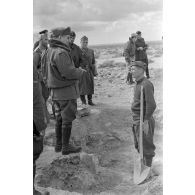 Les généraux italiens Ugo Cavarello et Ettore Bastico inspectent une unité italienne qui effectue des travaux de terrassement.
