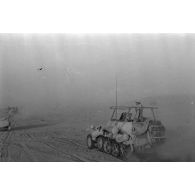 Une colonne de véhicules progresse dans le désert en produisant d'importants nuages de poussière.