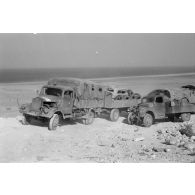 Une colonne de véhicules divers, camions Mercedes, Opel Blitz, camions de prise et un blindé Sd.Kfz.263.