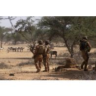 Des soldats du peloton de reconnaissance et d'intervention (PRI) et du groupe génie effectuent un contrôle de zone sur la route de Tessit, au Mali.