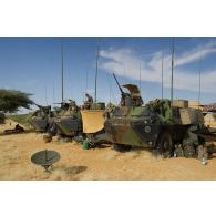 Des véhicules de l'avant blindés (VAB) du 3e régiment d'infanterie de marine (3e RIMa) stationnent sur une zone de bivouac au nord de Bamba, au Mali.