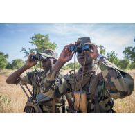 Des soldats maliens observent les positions ennemies lors d'une formation à Mafeya, au Mali.