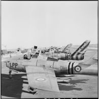 L'alignement des F-84F Thunderstreak de la 1re escadre de chasse au parking, sur la base aérienne d'Akrotiri (Chypre).