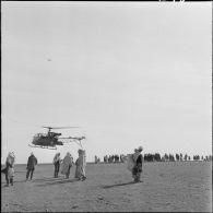 Deux brancardiers amènent à un hélicoptère de transport sanitaire (alouette II) un français musulman qui sera évacué à l'hôpital de Sétif.