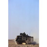 En ZDO (zone de déploiement opérationnel) Olive, un blindé M901 américain roule dans le désert.