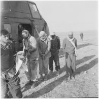 Algérie. Oued Chaïr. Prisonniers blessés devant un hélicoptère.