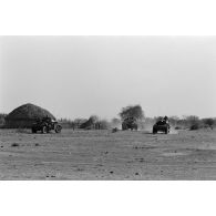 Des automitrailleuses du 1er régiment de hussards parachutistes (RHP) traversent un village tchadien.