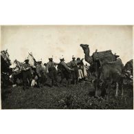 [Un groupe de chasseurs d'Afrique dressant un dromadaire de bât].