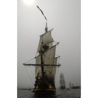 Sortie à la mer des grands voiliers Shtandart et Endeavour, répliques à l'identique de navires des siècles passés. Franchissement des passes est du port de commerce de Brest.