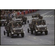 Défilé motorisé lors de la cérémonie du 14 juillet 1979 à la Bastille. Passage du 153e régiment d’infanterie (153e RI) sur camionnettes Simca-Marmon tractant des mortiers de 120 mm RT.