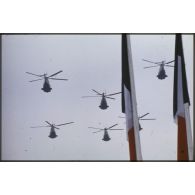 Défilé aérien lors de la cérémonie du 14 juillet 1979 à la Bastille. Passage des hélicoptères de transport Puma SA-330.