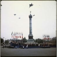 Défilé aérien lors de la cérémonie du 14 juillet 1979 à la Bastille. Passage des avions de combat Mirage IV A.