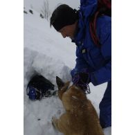 Un maître-chien du PGHM (peloton de gendarmerie de haute montagne) et son chien découvrent une victime ensevelie sous la neige, lors d'un exercice de recherche après avalanche à Pierrefitte-Nestalas (Hautes-Pyrénées).