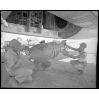 Chargement d'une bombe sur un bombardier Marauder sur une base aérienne en Italie.