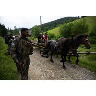 Des soldats du 35e régiment d'infanterie (RI) laissent passer une calèche lors d'une randonnée en montagne à Lunca de Sus, en Roumanie.