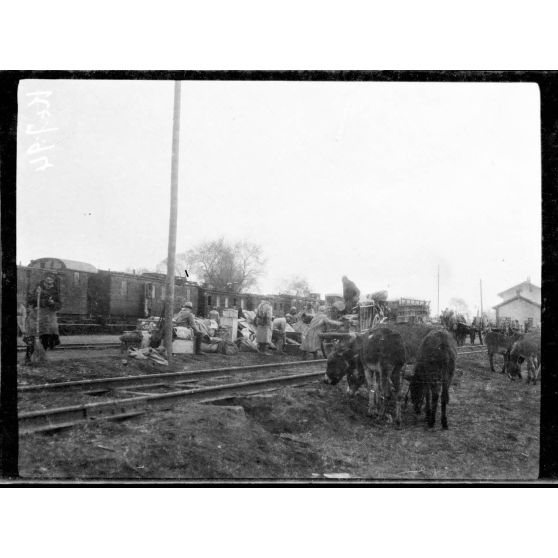 Gare de Guevgueli. Soldats du 55e Terr. (5e bataillon). [légende d'origine]