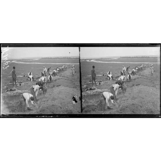 Sompuis (Marne). Centre d'instruction des troupes sénégalaises. Sénégalais travaillant à creuser une tranchée (Juin 1917). [légende d'origine]