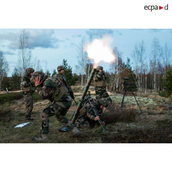 Tir de mortier de 81 mm LLR (léger long renforcé de 5000 mètres de portée) lors d'un exercice mené par les légionnaires de la 1re section de la 5e compagnie du 2e REI (régiment étranger d'infanterie), sur le champ de tir en Lettonie.