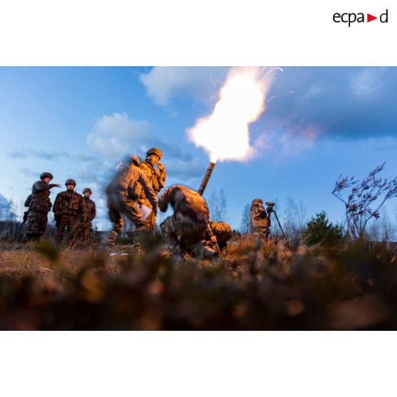 Tir de mortier de 81 mm LLR (léger long renforcé de 5000 mètres de portée) lors d'un exercice mené par les légionnaires de la 1re section de la 5e compagnie du 2e REI (régiment étranger d'infanterie), sur le champ de tir en Lettonie.