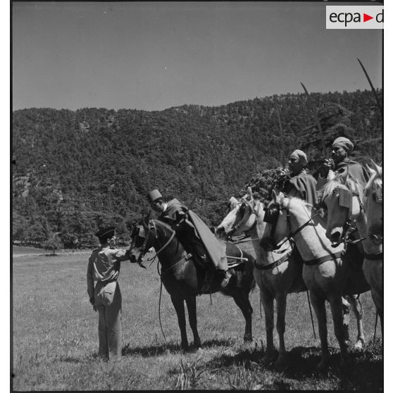 Une autorité militaire salue un cavalier monté.