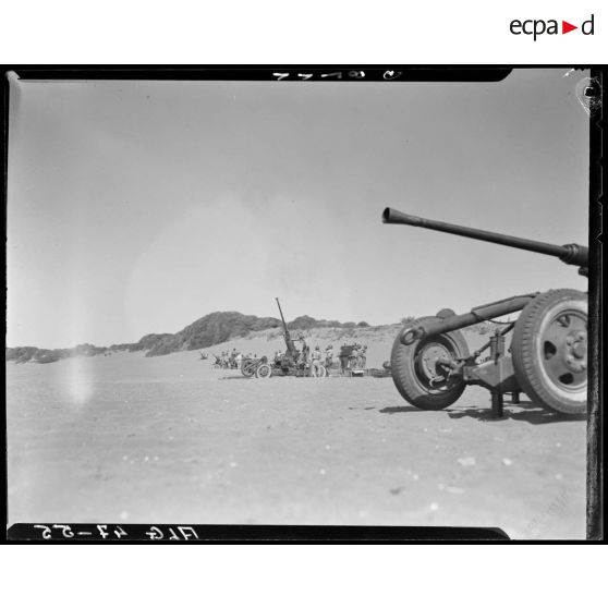 Simulation d'entrainement au tir au canon antiaérien en milieu désertique.