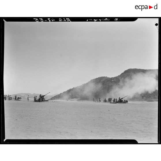 Simulation d'entrainement au tir au canon antiaérien en milieu désertique.