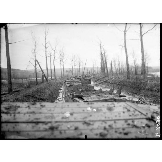 Près de Vacherauville (Meuse). Péniches ayant servi aux troupes pour se défiler avant l'attaque du 15 décembre 1916 et coulées dans le canal. [légende d'origine]