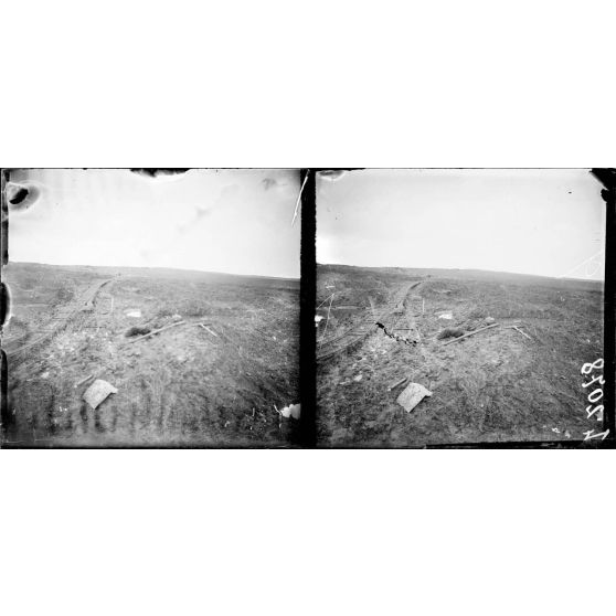 Bois de la Caillette, vue prise du fort de Douaumont. Dans le fonds, gare d'Adelbert et Douaumont. [légende d'origine]