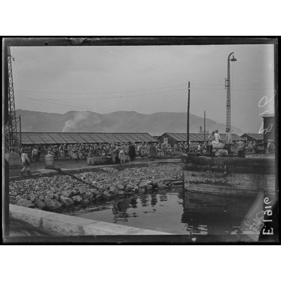 Port de Toulon. Troupes coloniales en partance pour le Pirée s'embarquant sur le Guichen. [légende d'origine]