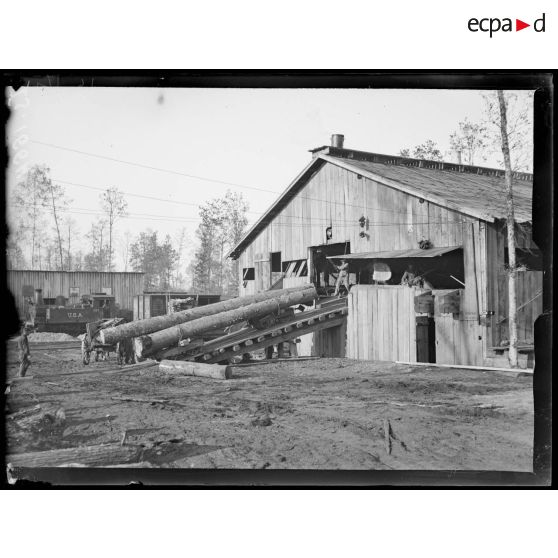 Près de Saint Dizier, Haute Marne. Exploitation forestière américaine. On fait entrer le bois dans la scierie. [légende d'origine]