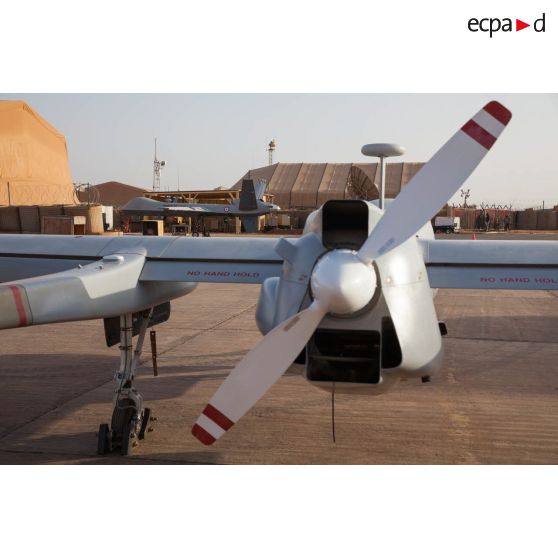 Vue arrière d'un système intérimaire de drone MALE (SIDM) et d'un drone General Atomics MQ-9 Reaper de l'escadron de drones 1/33 Belfort sur la base aérienne de Niamey, au Niger.