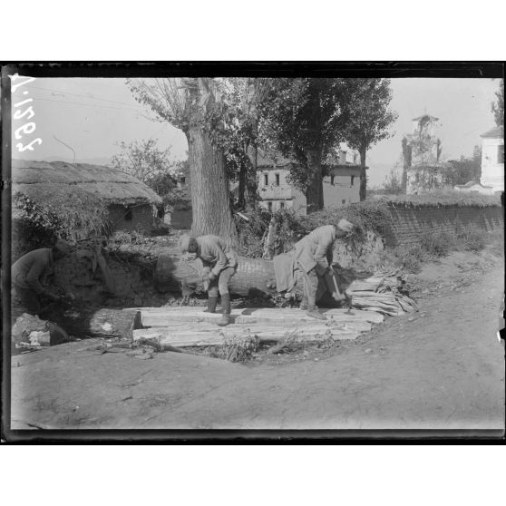 Vrbeni (Macédoine). Travailleurs serbes débitant un arbre fauché par un obus français. [légende d'origine]